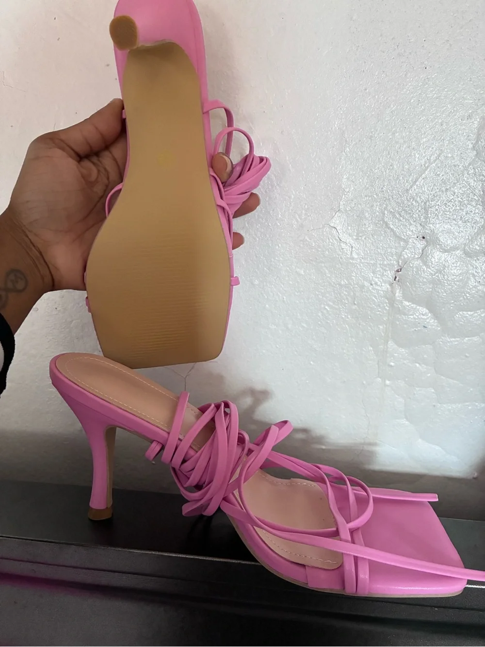 Strappy Pink Lace-Up kitten Heels